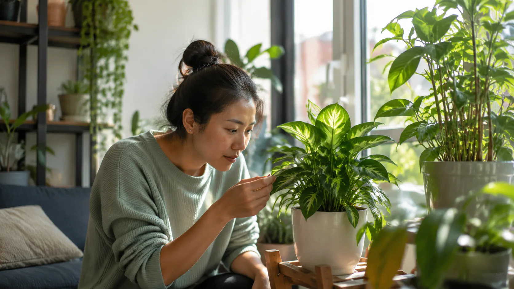 An indoor gardener inspecting a healthy houseplant